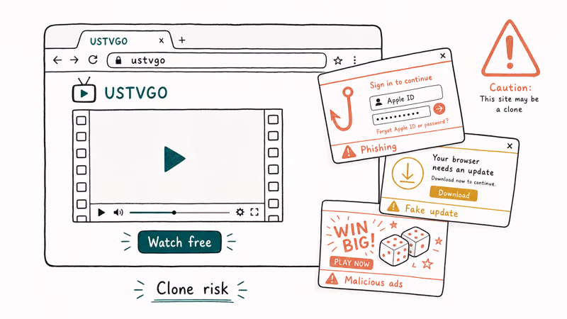 Browser showing USTVGo clone with three risky popups for phishing fake update and malicious ads