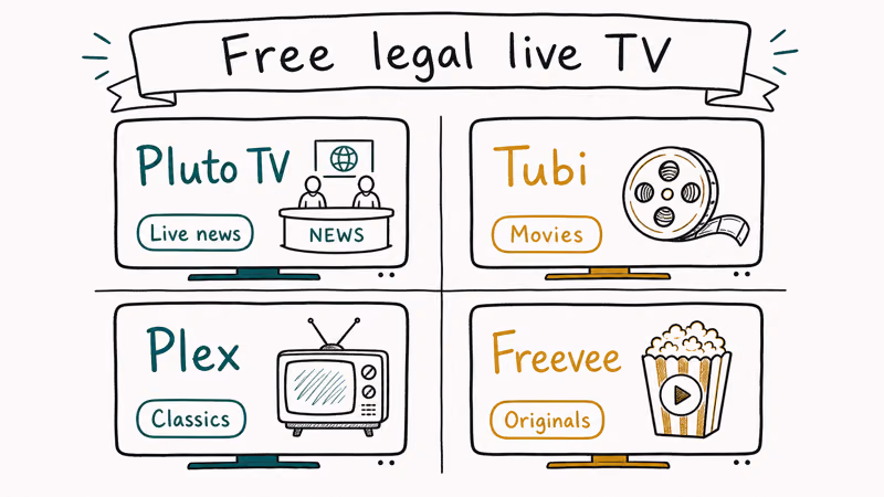 Grid of four free legal live TV services Pluto Tubi Plex and Freevee with strongest content tags