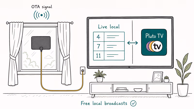 Indoor antenna mounted on window feeding live local channels into a TV next to a streaming app