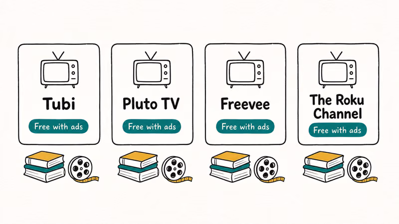Hand-drawn comparison of four free legal streaming services as Uwatchmovies alternatives with ad-supported labels.