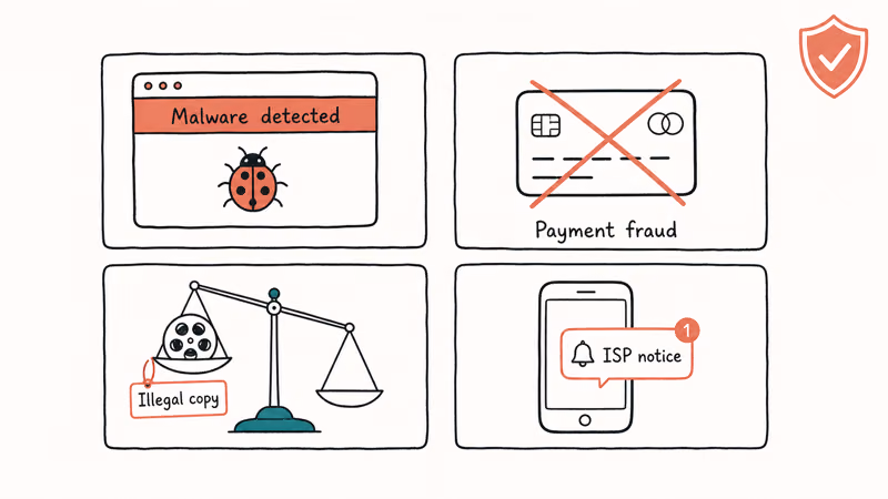 Hand-drawn risk chart showing four hazards of unlicensed movie mirror sites including malware and payment fraud.