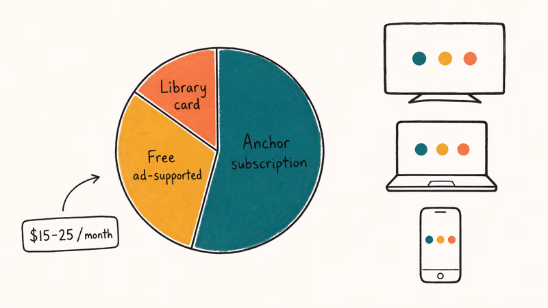 Hand-drawn stack diagram showing a legal streaming budget split across paid subscription, free, and library services.