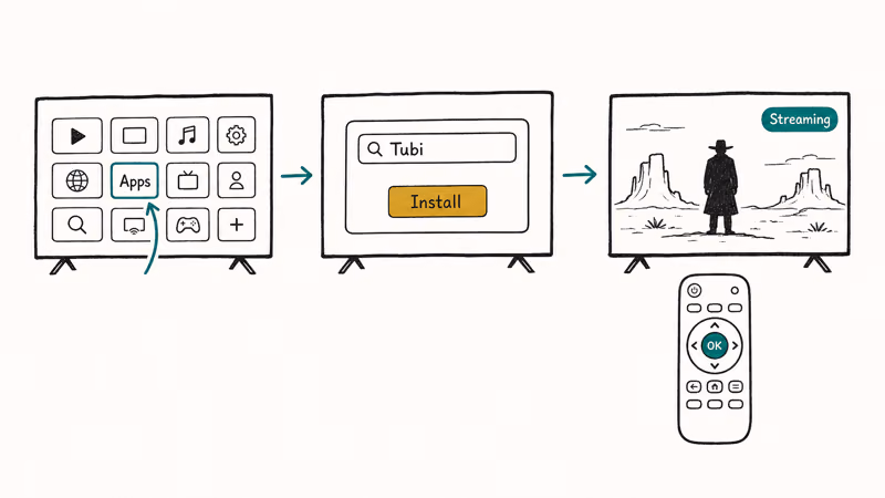 Hand-drawn three-step flow installing a free legal streaming app on a Smart TV with remote and screen states.