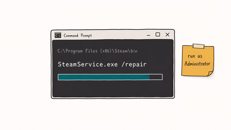 Hand-drawn elevated Windows command prompt running the SteamService.exe repair command with a progress bar and admin note