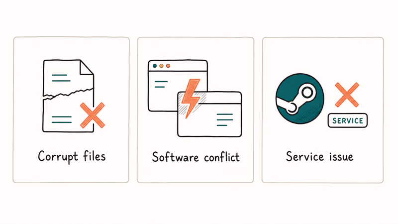 Hand-drawn three column visual of VAC error causes corrupt files software conflict and Steam service issue with coral
