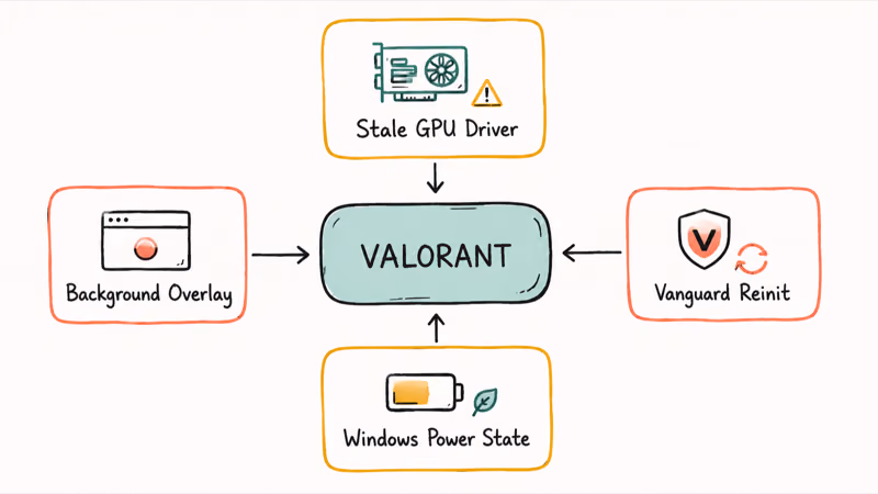 Diagram of four common causes surrounding Valorant: stale driver, power state, overlay, Vanguard