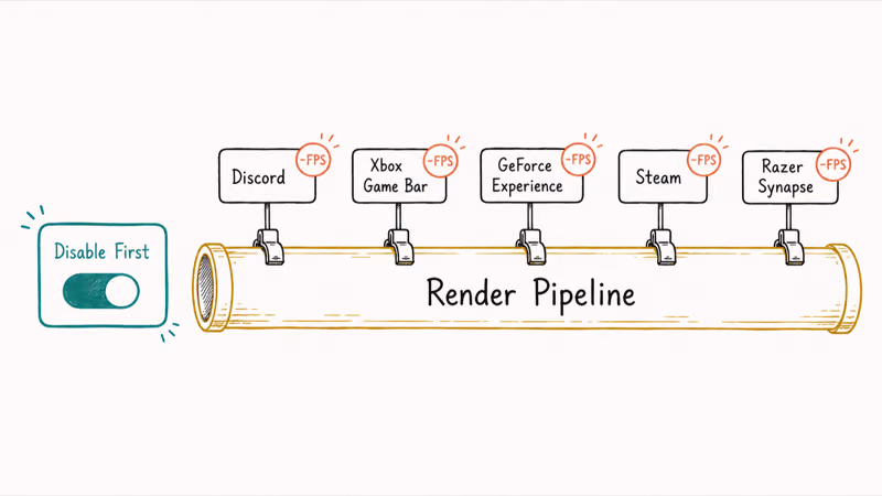 Render pipeline with Discord, Xbox, GeForce, Steam, and Razer overlays clipping on and draining frames