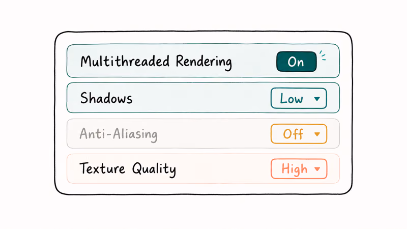 Settings panel highlighting Multithreaded Rendering on and Shadows low as the two key Valorant toggles