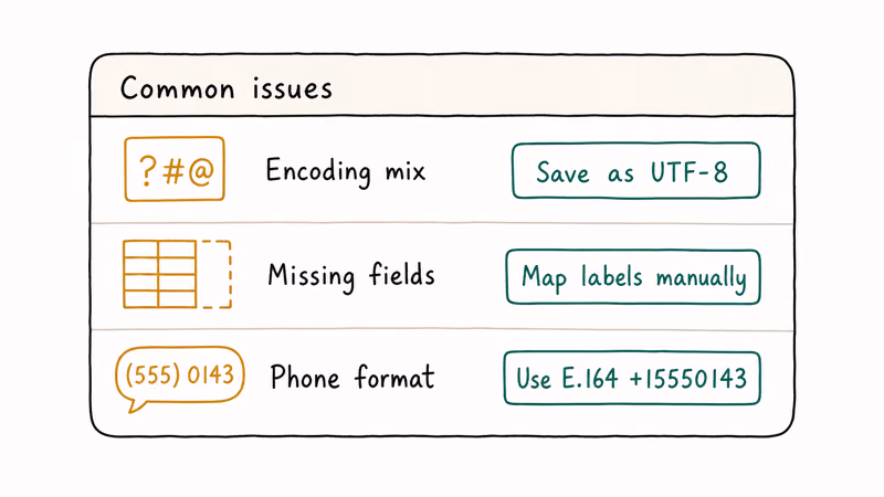 Trouble card listing three common VCF to CSV issues with encoding fields and phone formatting fixes