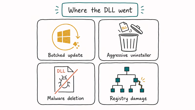 Four cause cards explaining why Vcomp110.dll goes missing including update malware uninstall and registry