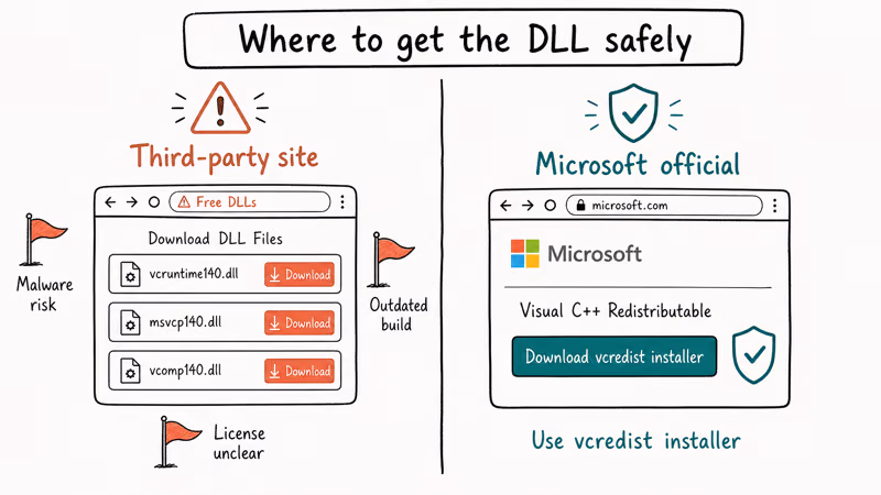 Split comparison of risky third-party DLL site with three coral flags versus Microsoft official source