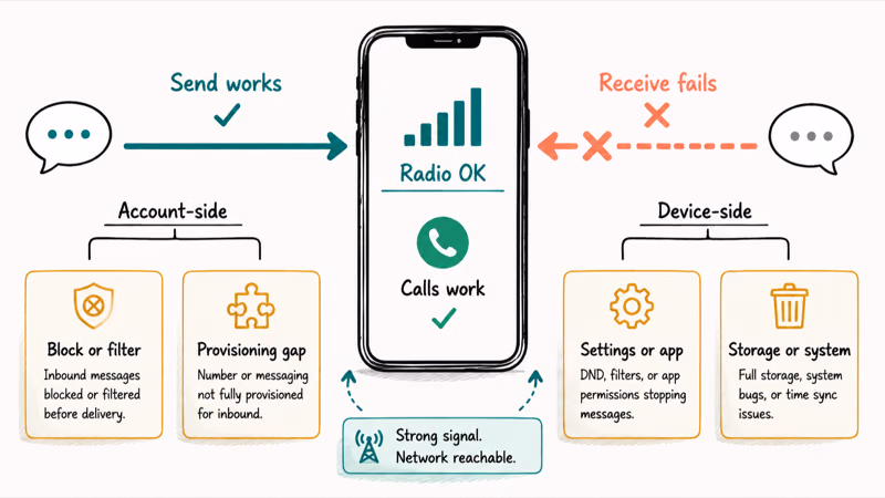 One-way Verizon text failure points at block filter or provisioning gap