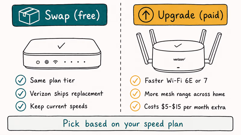 Two column decision card comparing free Verizon router swap with paid upgrade to newer mesh hardware
