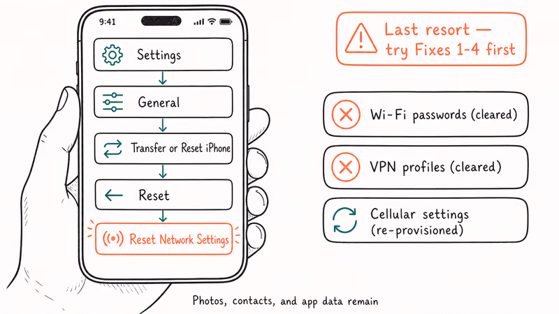 iPhone settings drill-down to Reset Network Settings showing which credentials get cleared as last resort