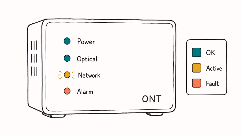 Hand-drawn close-up of Verizon ONT showing four status LEDs with colors mapped to normal and fault states.