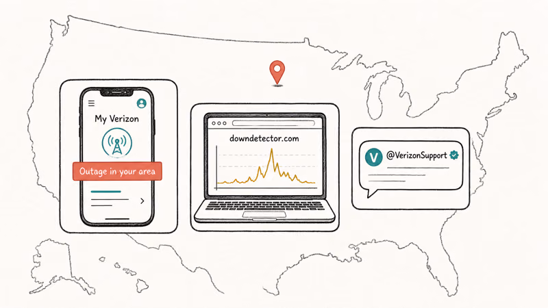 Hand-drawn trio of outage-check methods including Verizon app, Downdetector, and social media support channel.