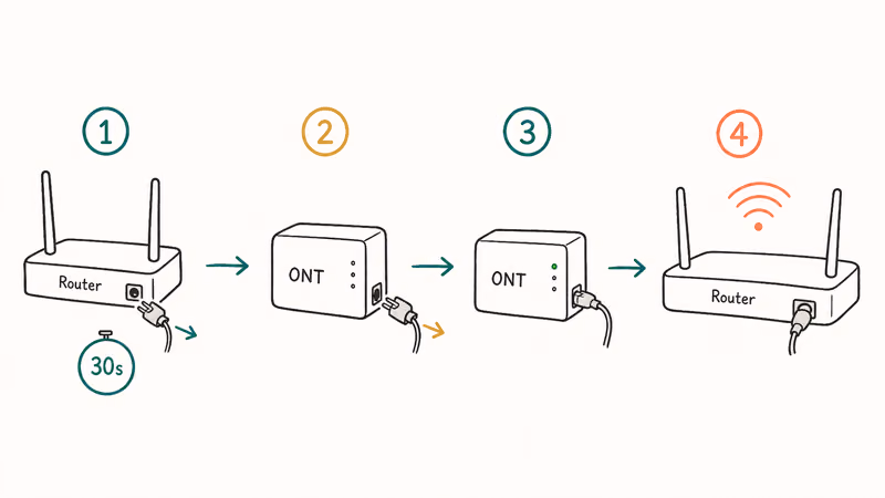 Hand-drawn four-step power cycle sequence showing correct order to restart Verizon router and ONT.