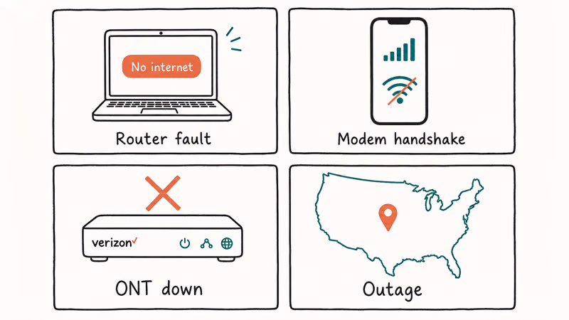 Hand-drawn 2x2 chart linking four Verizon Wi-Fi symptoms to router, modem, ONT, or outage causes.