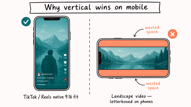 Two phones comparing vertical nine by sixteen video filling screen with landscape video showing letterbox