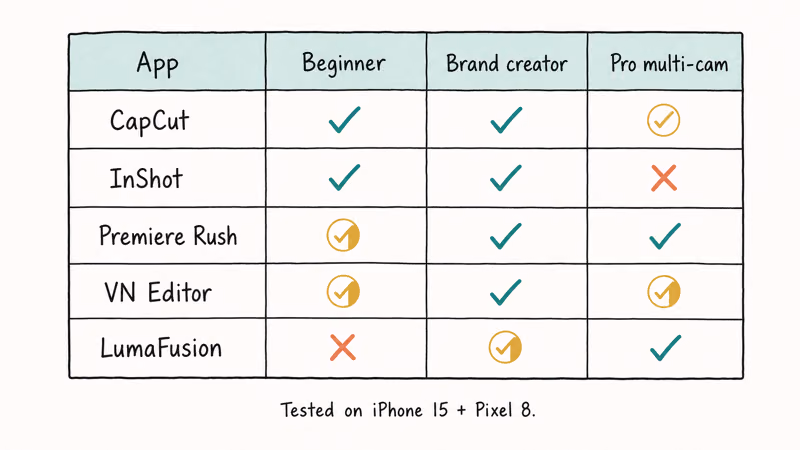 Five by three matrix table mapping CapCut InShot Rush VN and LumaFusion against beginner brand pro use cases