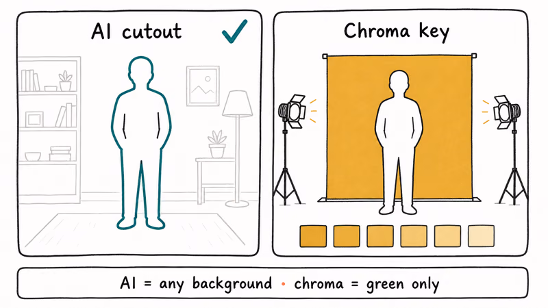Hand-drawn two panel comparison showing AI background cutout on a normal scene versus chroma key with a green