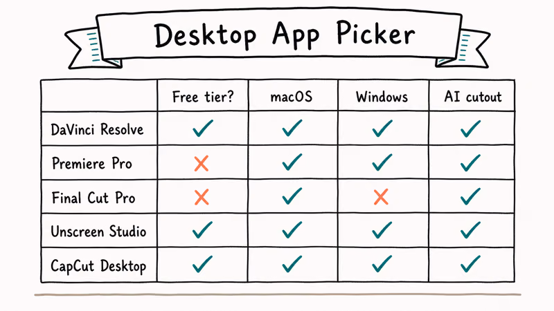 Hand-drawn five row comparison grid showing free tier macOS Windows and AI cutout support for desktop video background