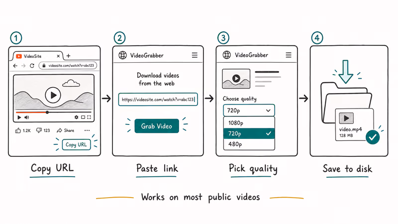 Four step strip copy paste pick quality and download showing the universal grabber tool workflow
