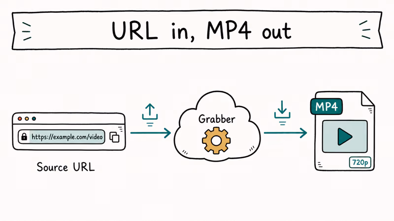 Flow diagram showing a URL passing into an online grabber service and returning an MP4 video file