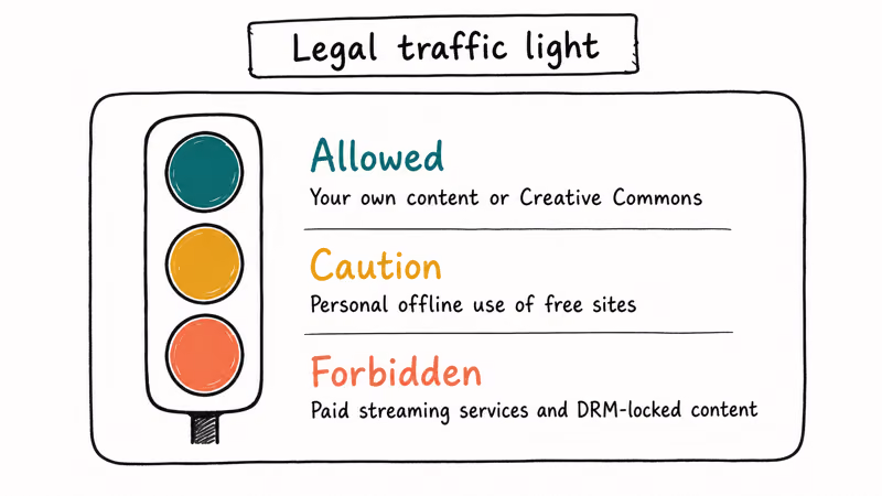 Traffic light card grouping video downloads into green amber and red categories by legal risk