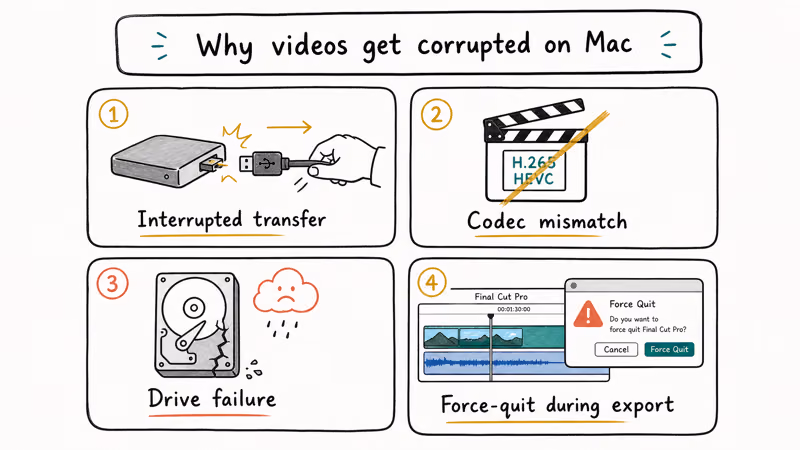 Four cause tiles for corrupted Mac video files showing transfer codec drive and export issues