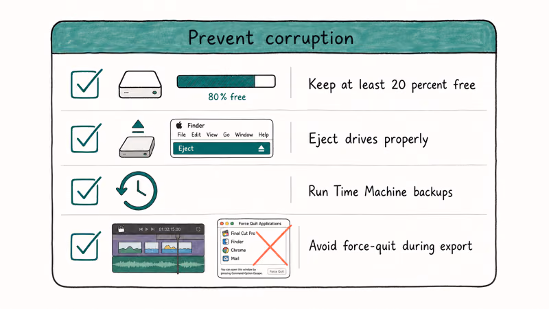 Checklist card with four prevention habits free space safe eject backups and graceful export close