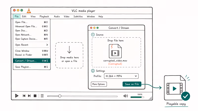 VLC for Mac Convert and Stream dialog rebuilding a corrupted video into a healthy MP4 file