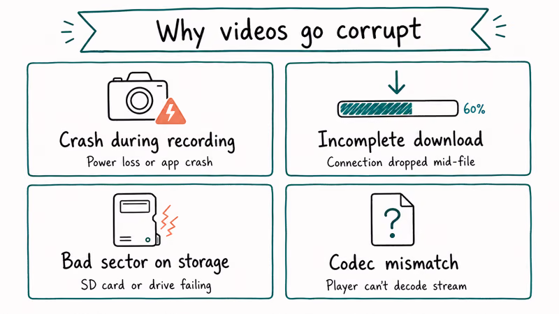 Four cause cards showing common video corruption sources including crashes downloads bad sectors and codecs