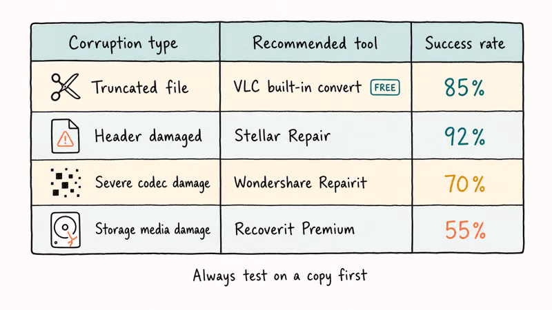 Four row matrix mapping video corruption types to recommended repair tools with success rate percentages