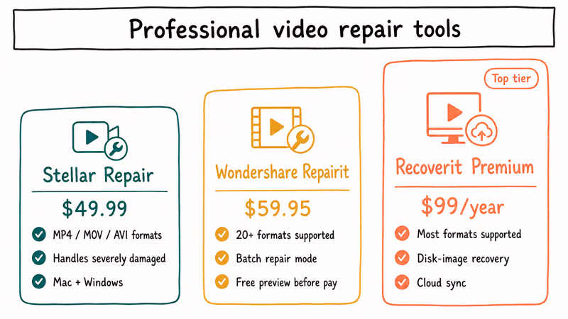 Three pricing tier cards comparing Stellar Repair Wondershare Repairit and Recoverit pro video repair tools