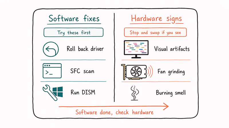 Split card showing software fix options on the left versus hardware failure signs on the right