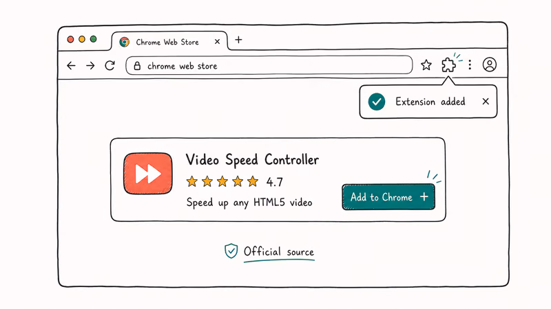 Chrome Web Store listing for Video Speed Controller with the Add to Chrome button highlighted in teal