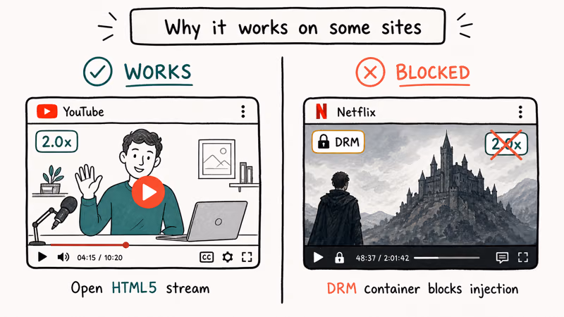 Split comparing YouTube playback speed badge versus Netflix DRM lock blocking the same extension