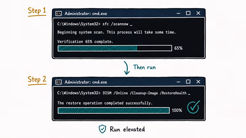 Command Prompt running sfc scannow above DISM RestoreHealth combo for fixing corrupt Windows files