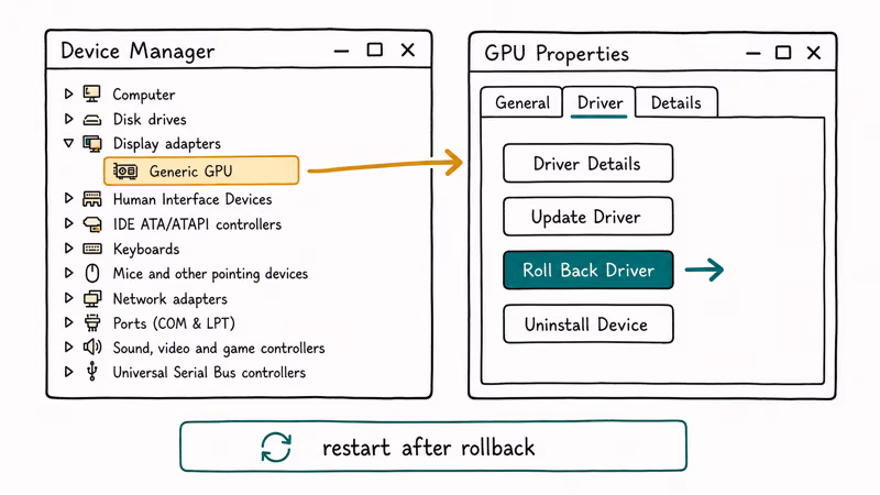 Hand-drawn Device Manager Display adapter Properties window with Roll Back Driver button highlighted