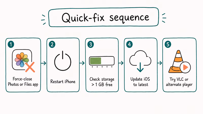 Five step quick fix ladder for iPhone video not playing from force close to trying VLC player