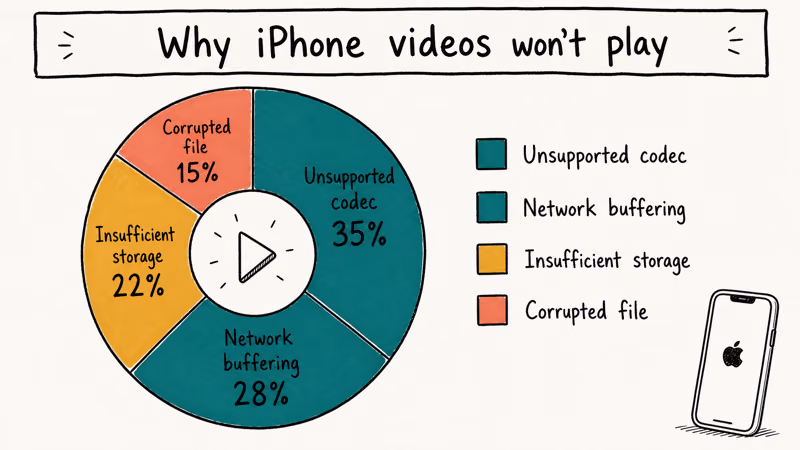 Donut chart showing four iPhone video playback failure causes with codec network storage and corruption