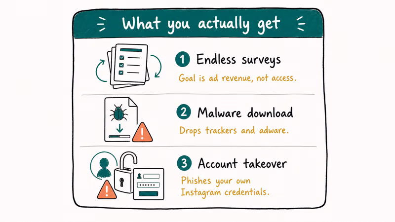 Three row card listing the consequences of fake private Instagram viewers including malware and takeover