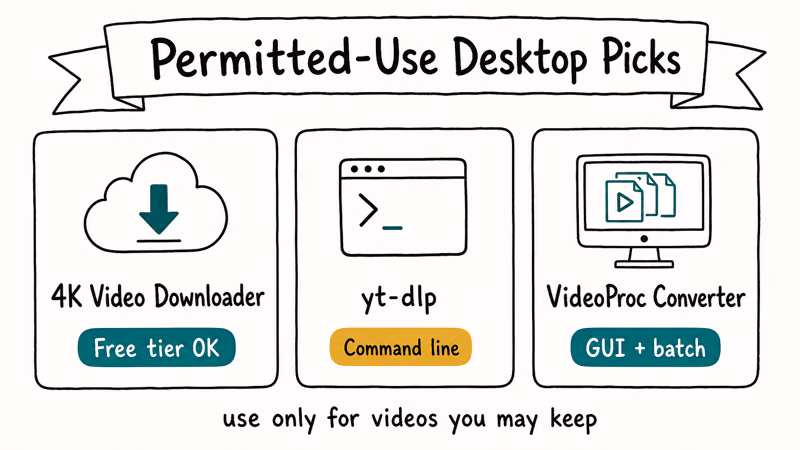 Hand-drawn three card lineup of legitimate desktop tools for permitted Vimeo downloads with quick capability tags