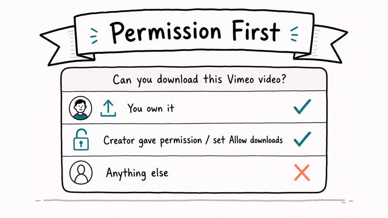 Hand-drawn permission decision card showing own video plus explicit allow downloads permit downloading and everything else does not