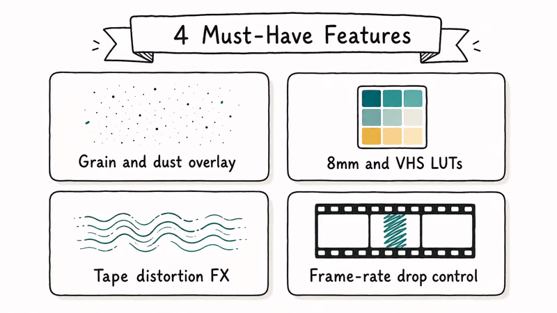 Four-card hand-drawn grid of must-have vintage video editor features grain LUTs tape FX and framerate drop.