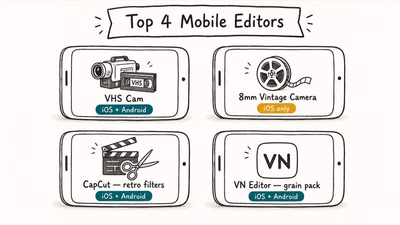 Hand-drawn 2x2 grid of mobile vintage video editors including VHS Cam 8mm CapCut and VN.