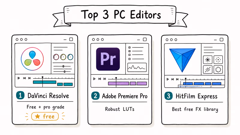 Three-card lineup of PC vintage video editors including DaVinci Resolve Premiere and HitFilm.