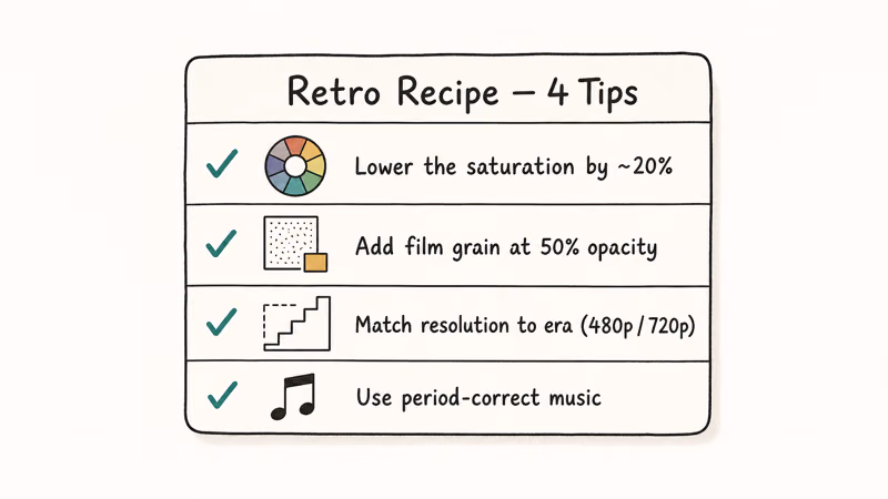 Hand-drawn four-row checklist of tips to make digital video look realistically retro.