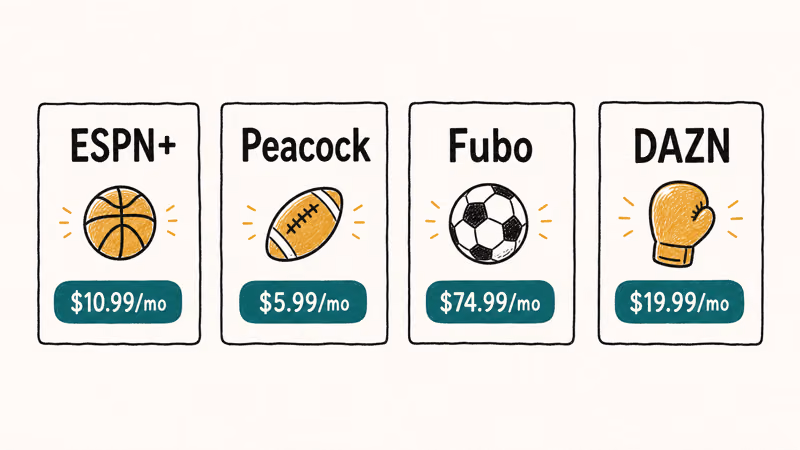 Hand-drawn comparison of four legal sports streaming services with sport icons and price pills.